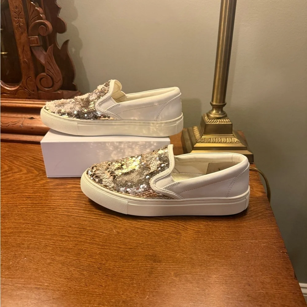 Tory Burch Carter Leather Slip-On Sneaker US 5.5 Sparkle Gold/Snow White $248